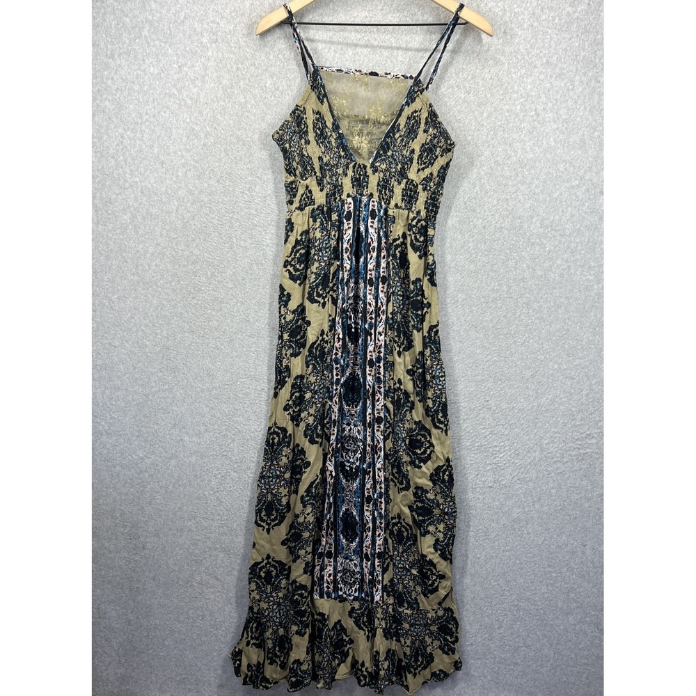 Free People Maxi Dress Women XL Green Blue Damask Smocked Lace Inset EUC